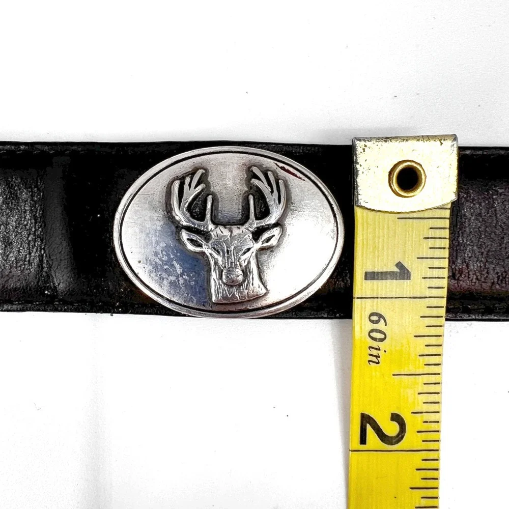 Vintage Mens Concho Belt 38 Italian Leather Western Stag Etched Pewter Brown